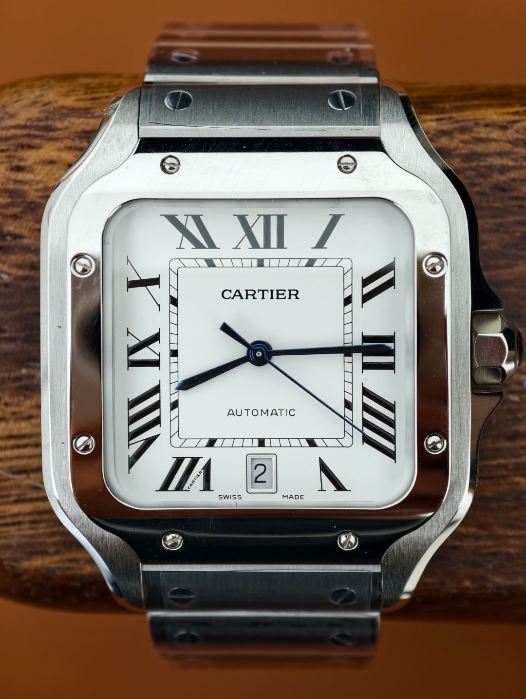 Square steel watch with white dial